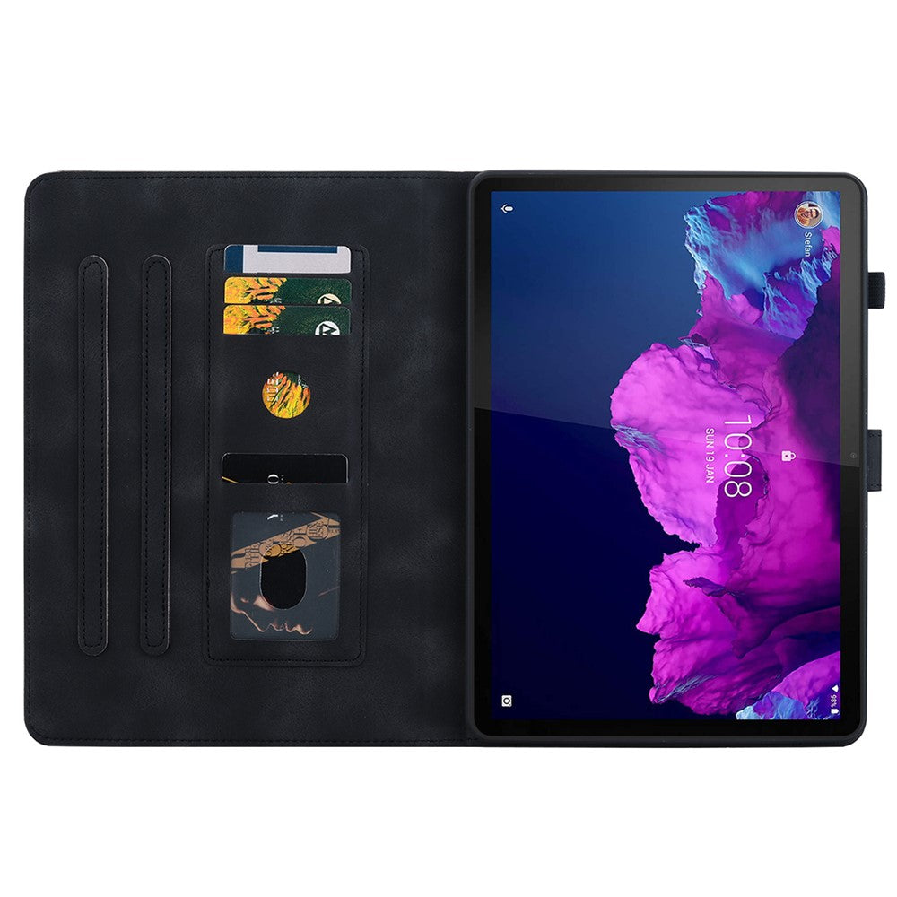 For Lenovo Tab P11 TB-J606F Leather Case Card Slots Lily Flower Pattern Tablet Cover - Black