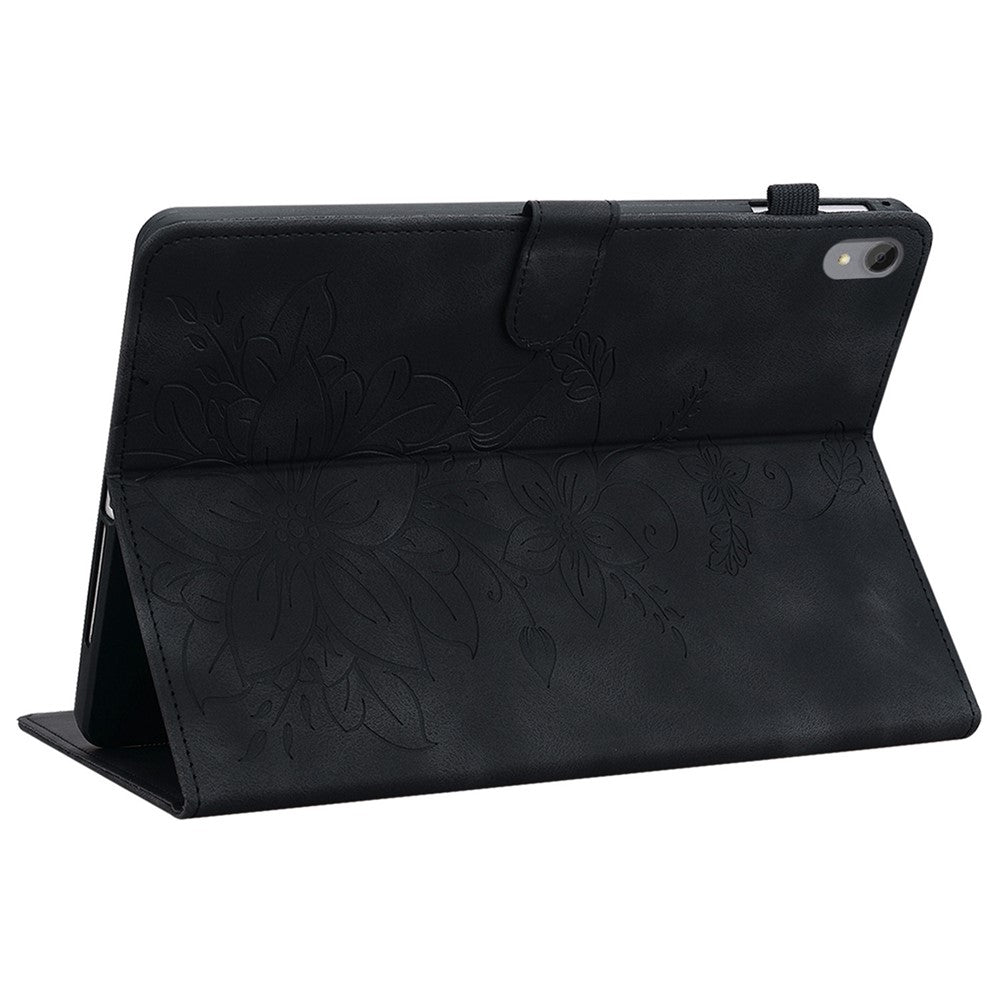 For Lenovo Tab P11 TB-J606F Leather Case Card Slots Lily Flower Pattern Tablet Cover - Black