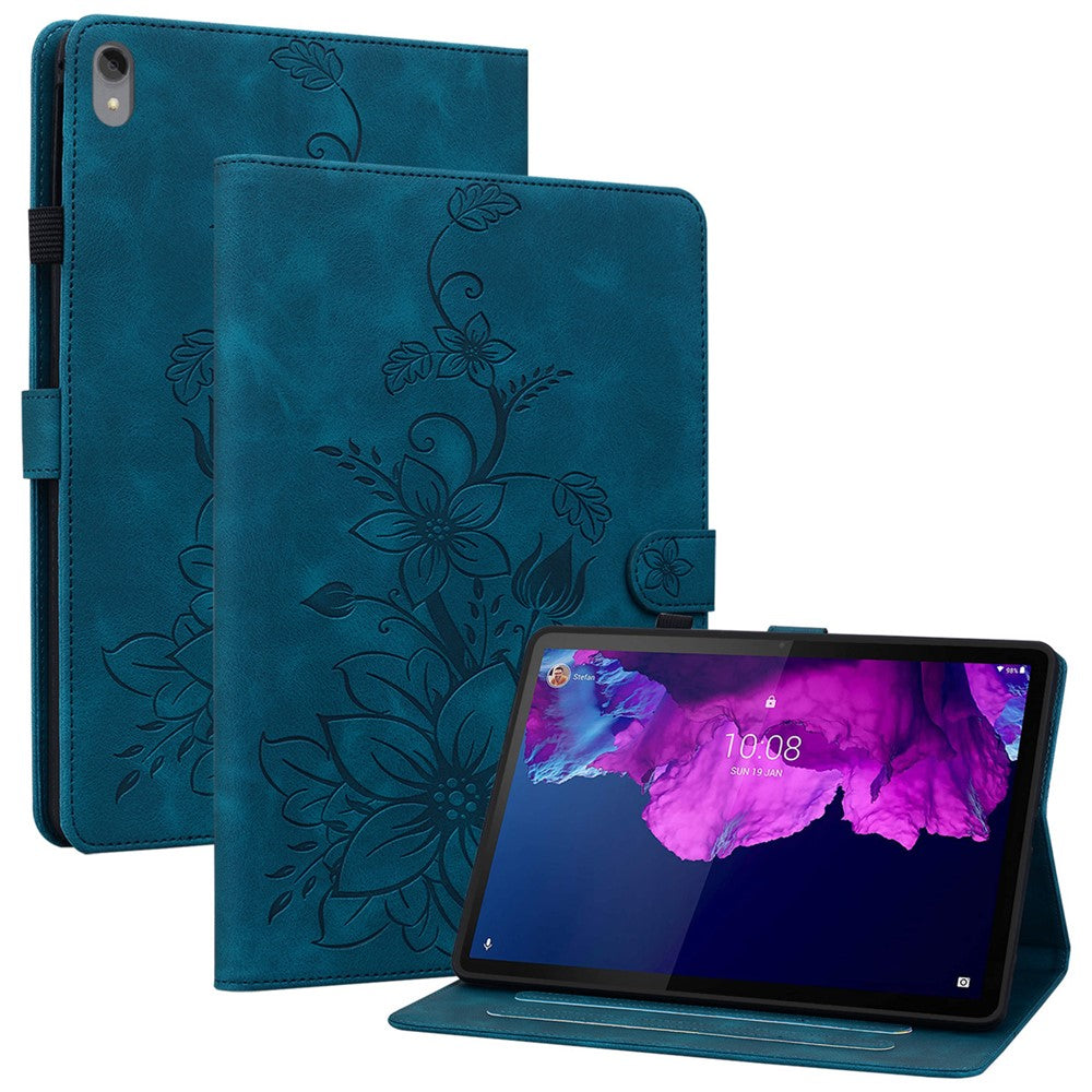 For Lenovo Tab P11 TB-J606F Leather Case Card Slots Lily Flower Pattern Tablet Cover - Blue