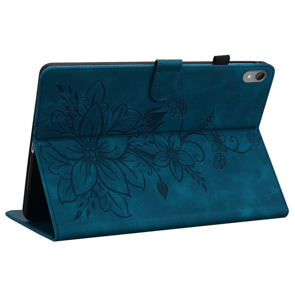 For Lenovo Tab P11 TB-J606F Leather Case Card Slots Lily Flower Pattern Tablet Cover - Blue