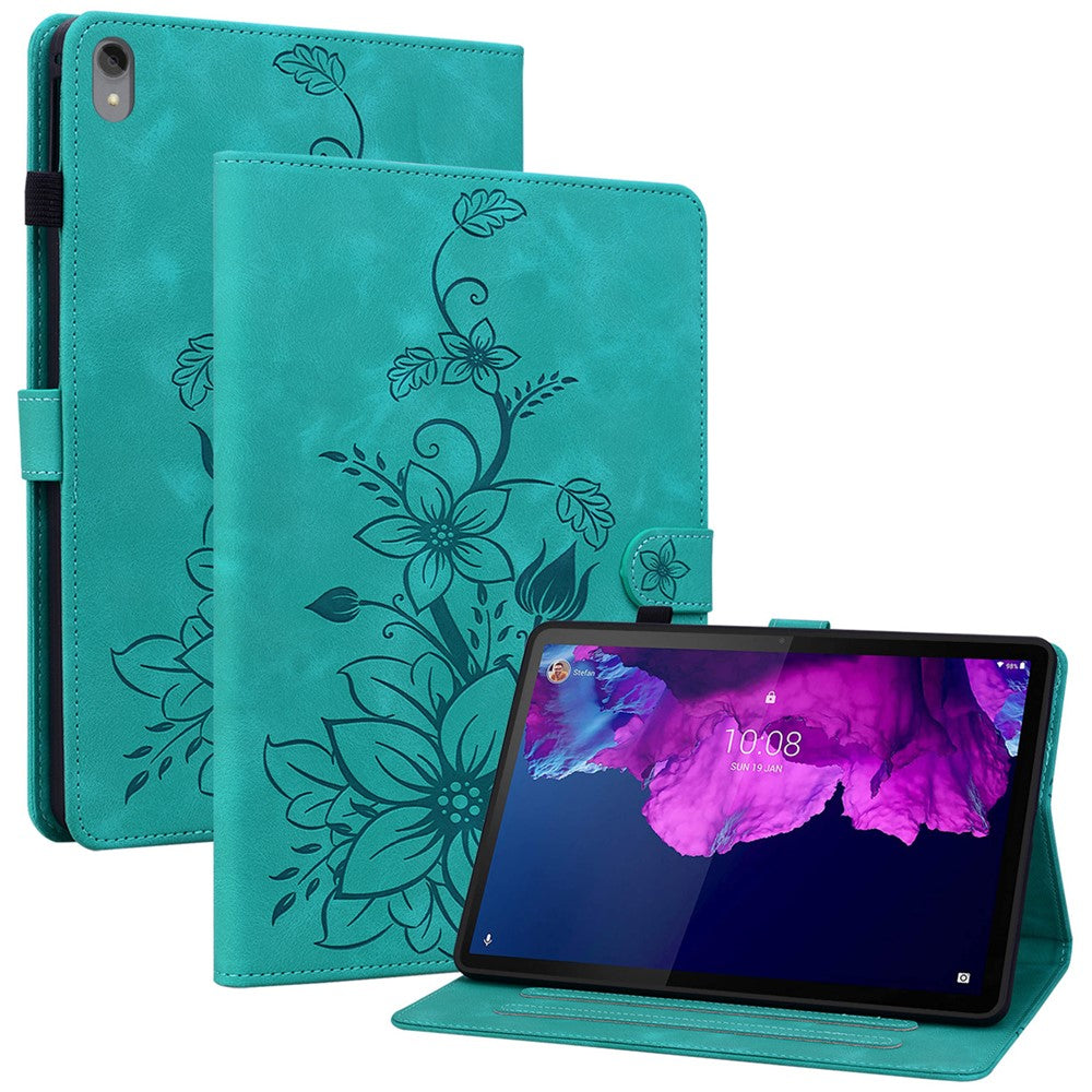 For Lenovo Tab P11 TB-J606F Leather Case Card Slots Lily Flower Pattern Tablet Cover - Green