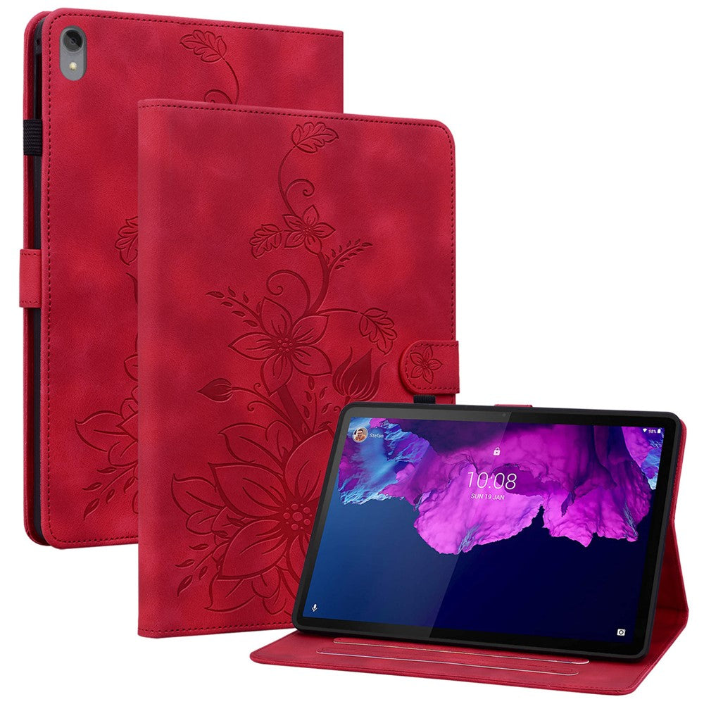 For Lenovo Tab P11 TB-J606F Leather Case Card Slots Lily Flower Pattern Tablet Cover - Red