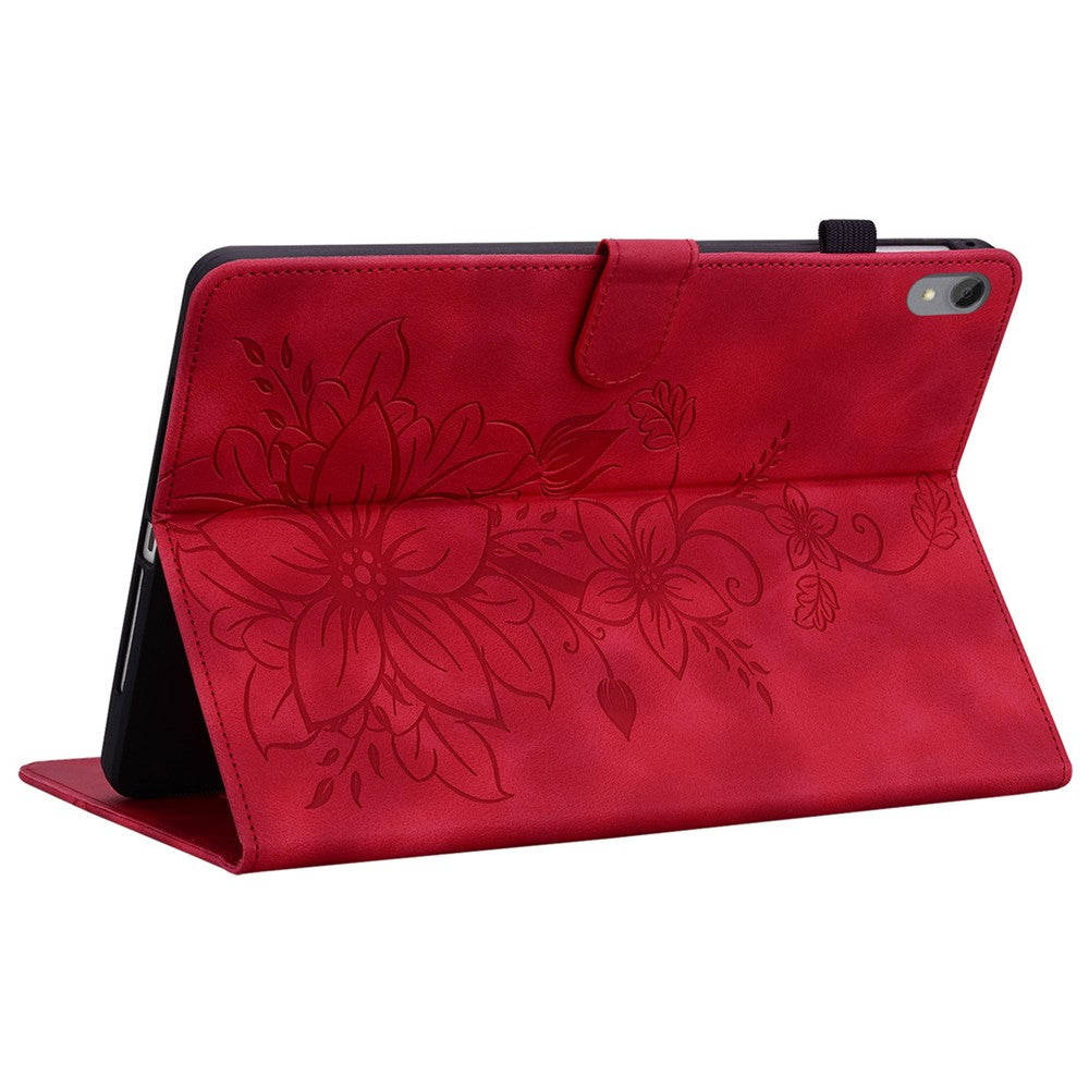 For Lenovo Tab P11 TB-J606F Leather Case Card Slots Lily Flower Pattern Tablet Cover - Red