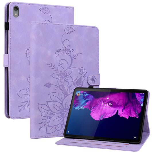 For Lenovo Tab P11 TB-J606F Leather Case Card Slots Lily Flower Pattern Tablet Cover - Purple