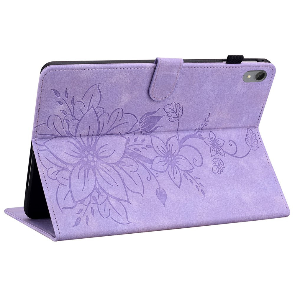 For Lenovo Tab P11 TB-J606F Leather Case Card Slots Lily Flower Pattern Tablet Cover - Purple
