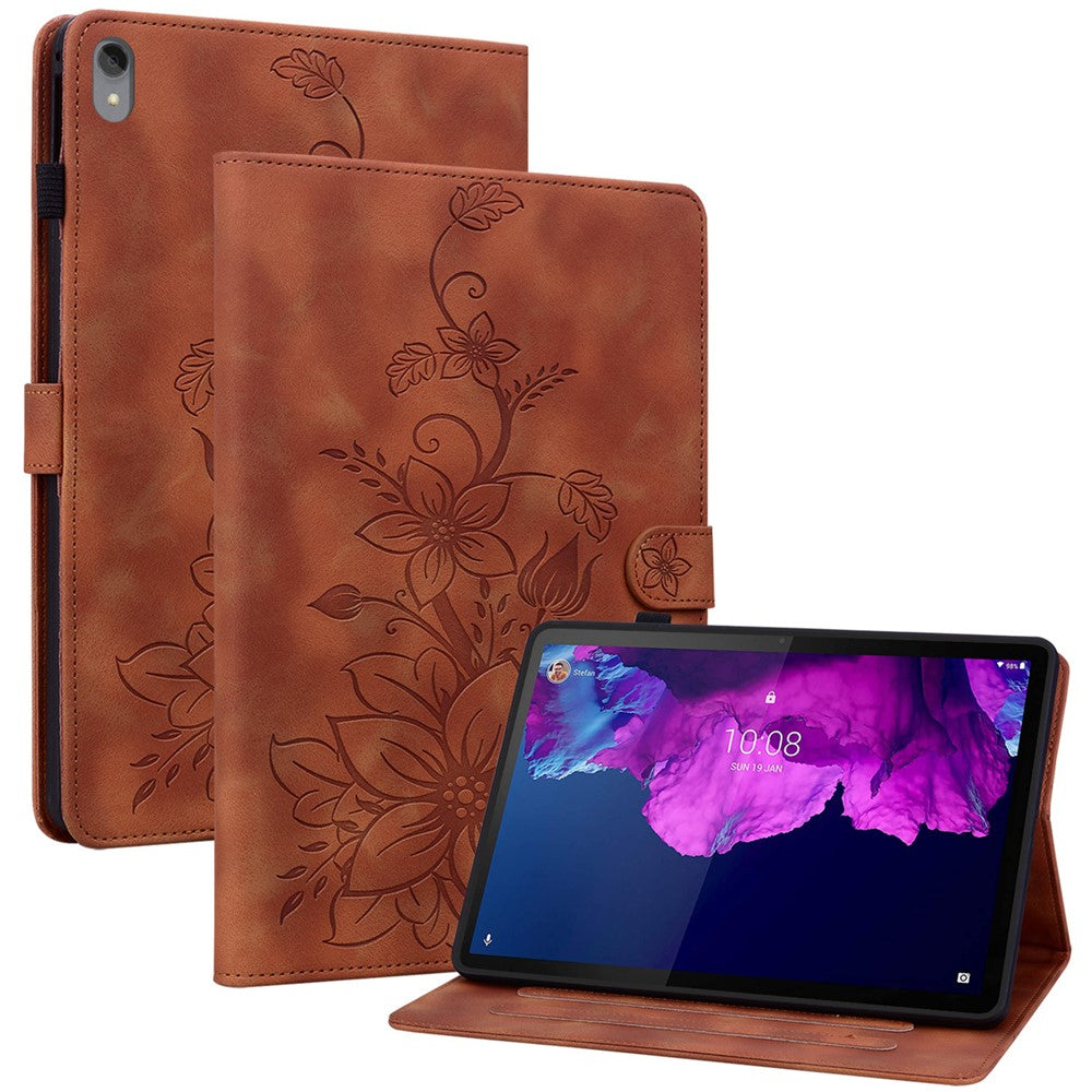 For Lenovo Tab P11 TB-J606F Leather Case Card Slots Lily Flower Pattern Tablet Cover - Brown