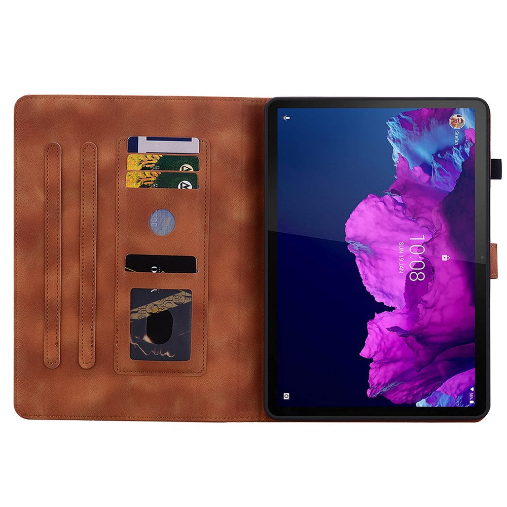 For Lenovo Tab P11 TB-J606F Leather Case Card Slots Lily Flower Pattern Tablet Cover - Brown