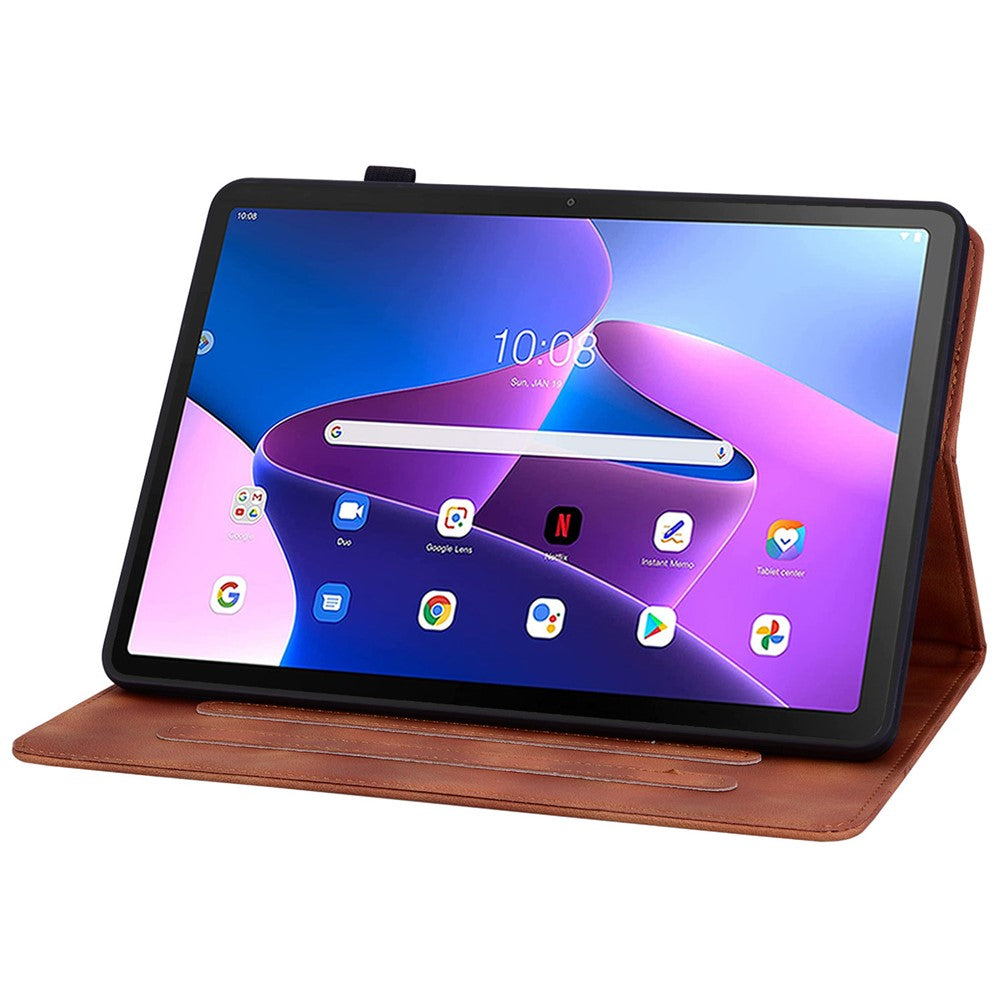 For Lenovo Tab M10 Plus (3rd Gen) Case Lily Flower Design PU Leather Folio Stand Cover - Brown