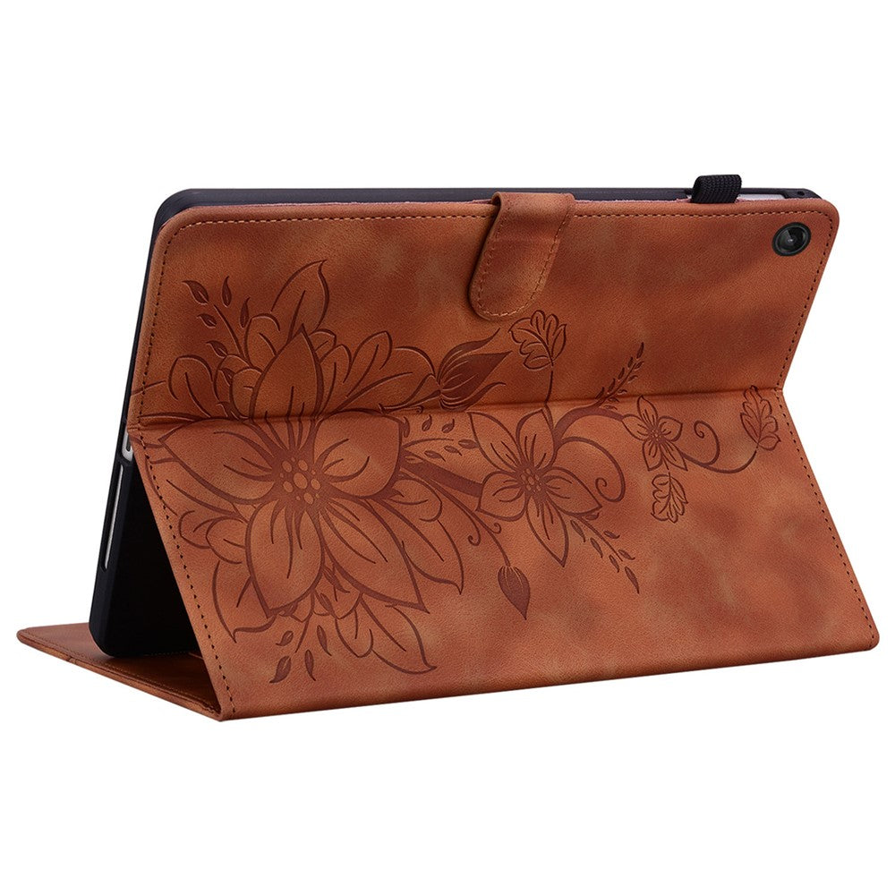 For Lenovo Tab M10 Plus (3rd Gen) Case Lily Flower Design PU Leather Folio Stand Cover - Brown