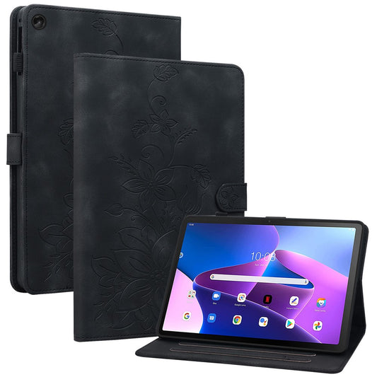 For Lenovo Tab M10 Plus (3rd Gen) Case Lily Flower Design PU Leather Folio Stand Cover - Black