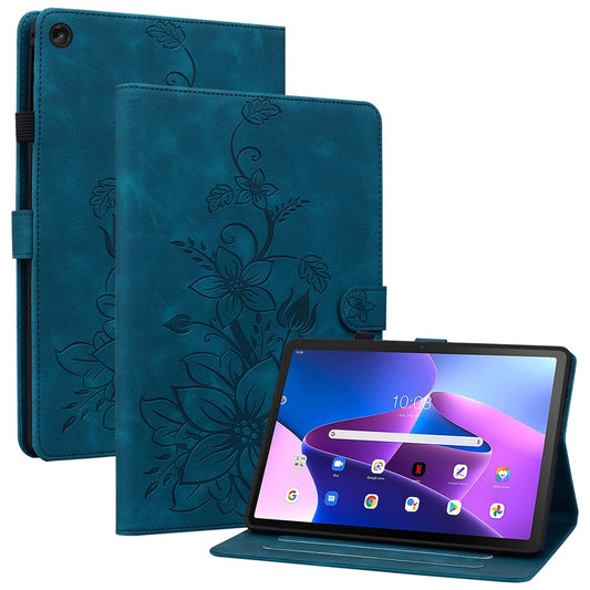 For Lenovo Tab M10 Plus (3rd Gen) Case Lily Flower Design PU Leather Folio Stand Cover - Blue