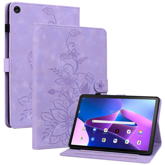 For Lenovo Tab M10 Plus (3rd Gen) Case Lily Flower Design PU Leather Folio Stand Cover - Purple