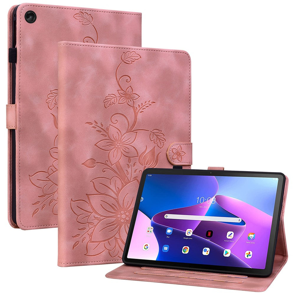 For Lenovo Tab M10 Plus (3rd Gen) Case Lily Flower Design PU Leather Folio Stand Cover - Pink