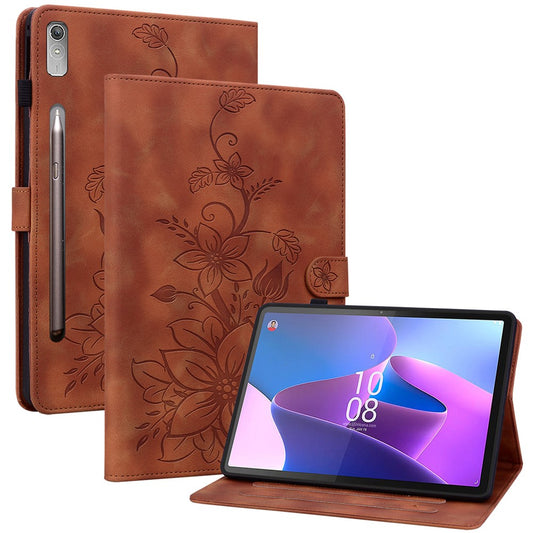 For Lenovo Tab P11 Pro / P11 Pro Gen 2 Case Lily Flower Imprinted Leather Tablet Flip Cover with Card Slot - Brown