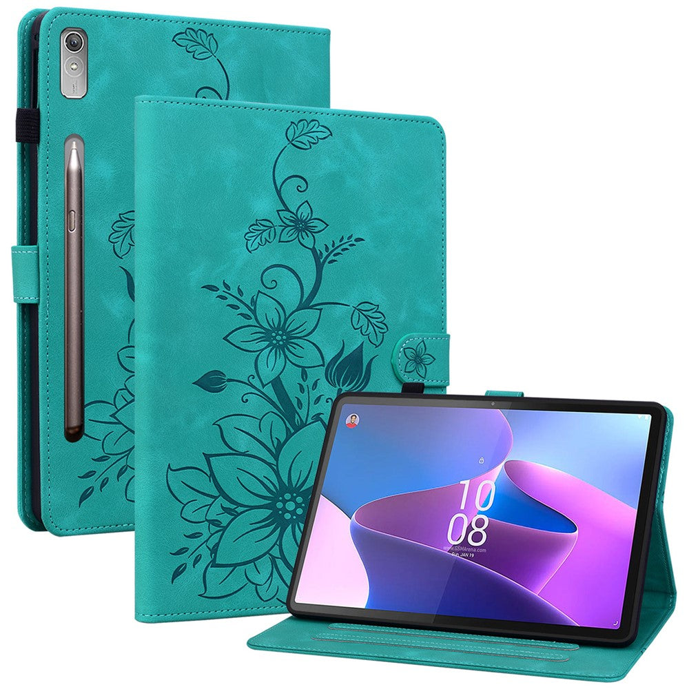 For Lenovo Tab P11 Pro / P11 Pro Gen 2 Case Lily Flower Imprinted Leather Tablet Flip Cover with Card Slot - Green