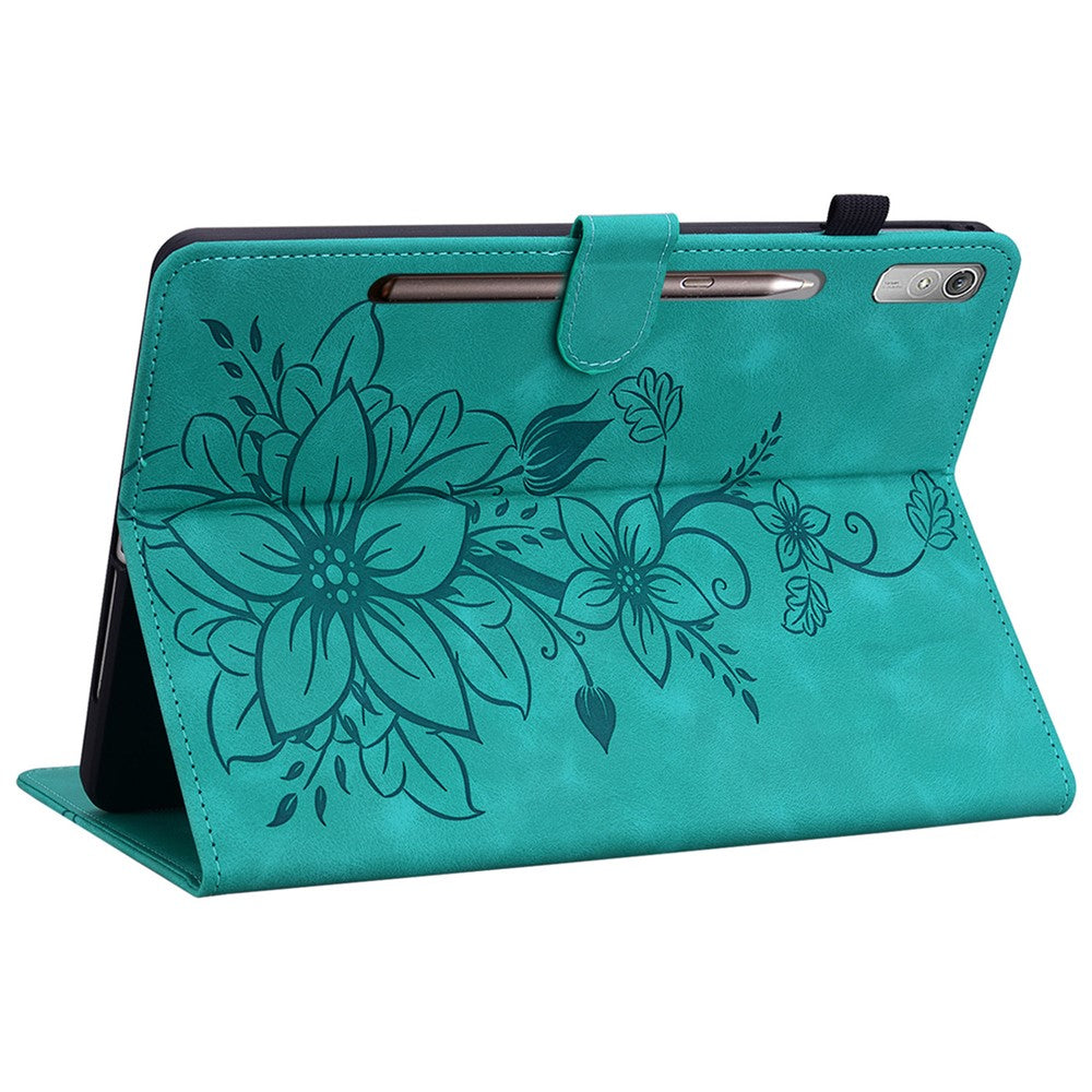 For Lenovo Tab P11 Pro / P11 Pro Gen 2 Case Lily Flower Imprinted Leather Tablet Flip Cover with Card Slot - Green
