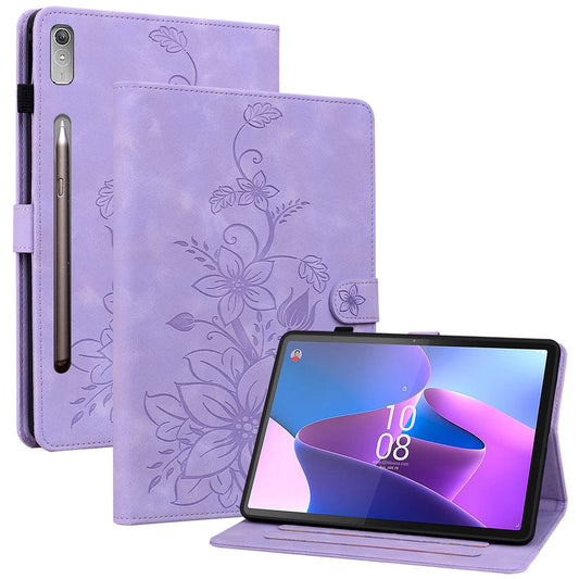 For Lenovo Tab P11 Pro / P11 Pro Gen 2 Case Lily Flower Imprinted Leather Tablet Flip Cover with Card Slot - Purple