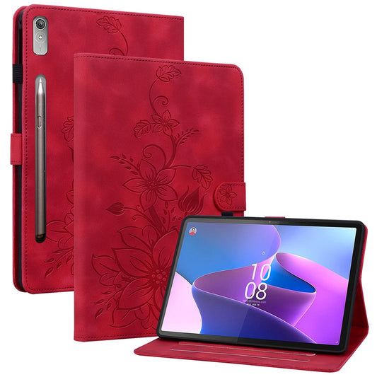 For Lenovo Tab P11 Pro / P11 Pro Gen 2 Case Lily Flower Imprinted Leather Tablet Flip Cover with Card Slot - Red
