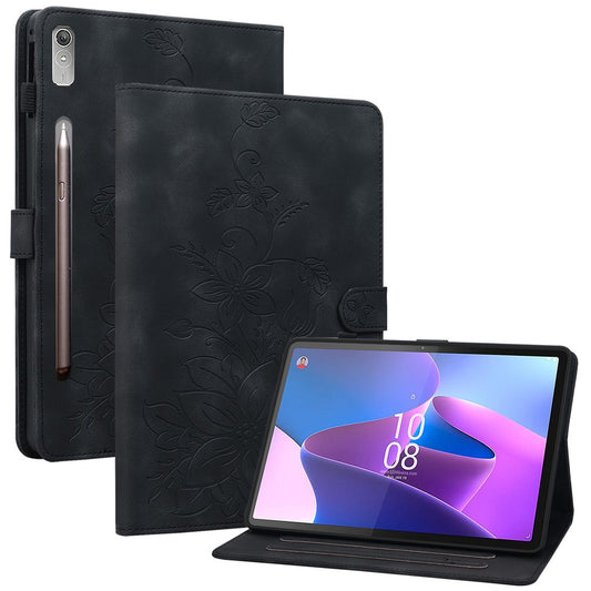 For Lenovo Tab P11 Pro / P11 Pro Gen 2 Case Lily Flower Imprinted Leather Tablet Flip Cover with Card Slot - Black