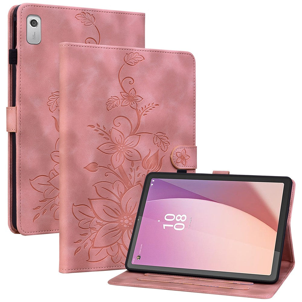 For Lenovo Tab M9 Case Imprinted Lily Flower PU Leather Card Slots Tablet Cover - Pink