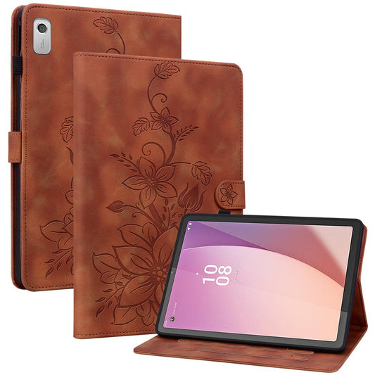 For Lenovo Tab M9 Case Imprinted Lily Flower PU Leather Card Slots Tablet Cover - Brown