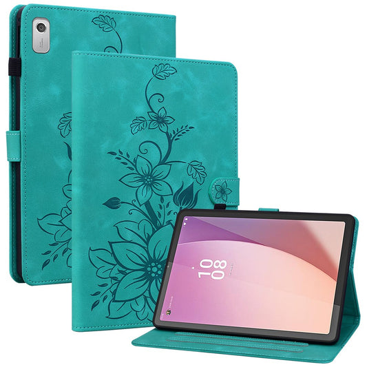 For Lenovo Tab M9 Case Imprinted Lily Flower PU Leather Card Slots Tablet Cover - Green