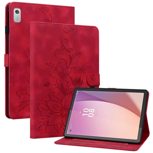 For Lenovo Tab M9 Case Imprinted Lily Flower PU Leather Card Slots Tablet Cover - Red