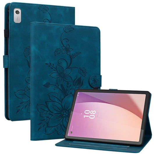 For Lenovo Tab M9 Case Imprinted Lily Flower PU Leather Card Slots Tablet Cover - Blue