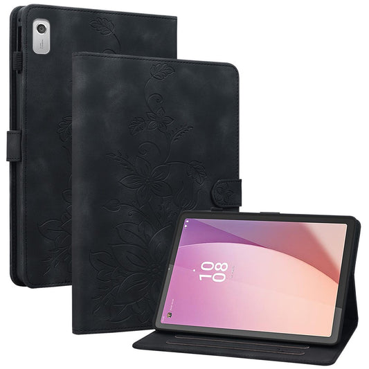 For Lenovo Tab M9 Case Imprinted Lily Flower PU Leather Card Slots Tablet Cover - Black