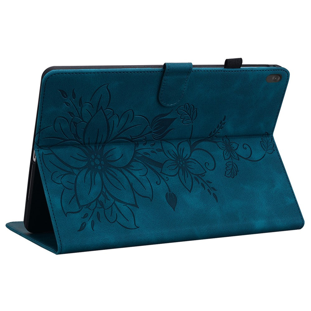 For Lenovo Tab M10 TB-X605F Tablet Case Leather Lily Flower Imprint Cover with Card Slots - Blue