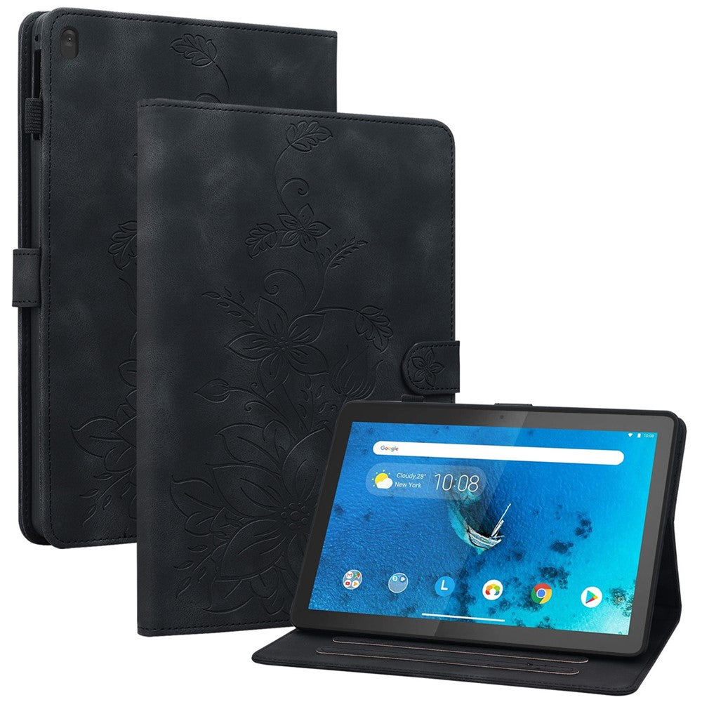 For Lenovo Tab M10 TB-X605F Tablet Case Leather Lily Flower Imprint Cover with Card Slots - Black