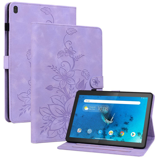For Lenovo Tab M10 TB-X605F Tablet Case Leather Lily Flower Imprint Cover with Card Slots - Purple