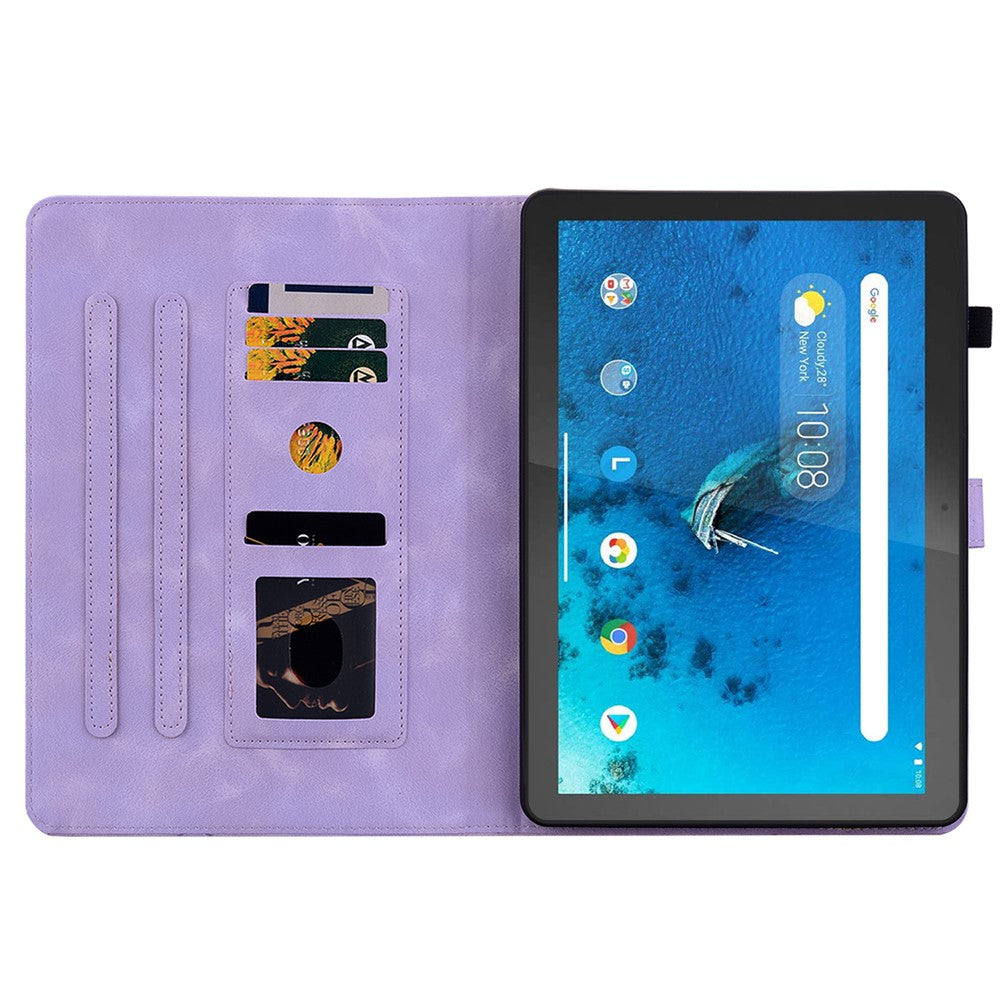For Lenovo Tab M10 TB-X605F Tablet Case Leather Lily Flower Imprint Cover with Card Slots - Purple