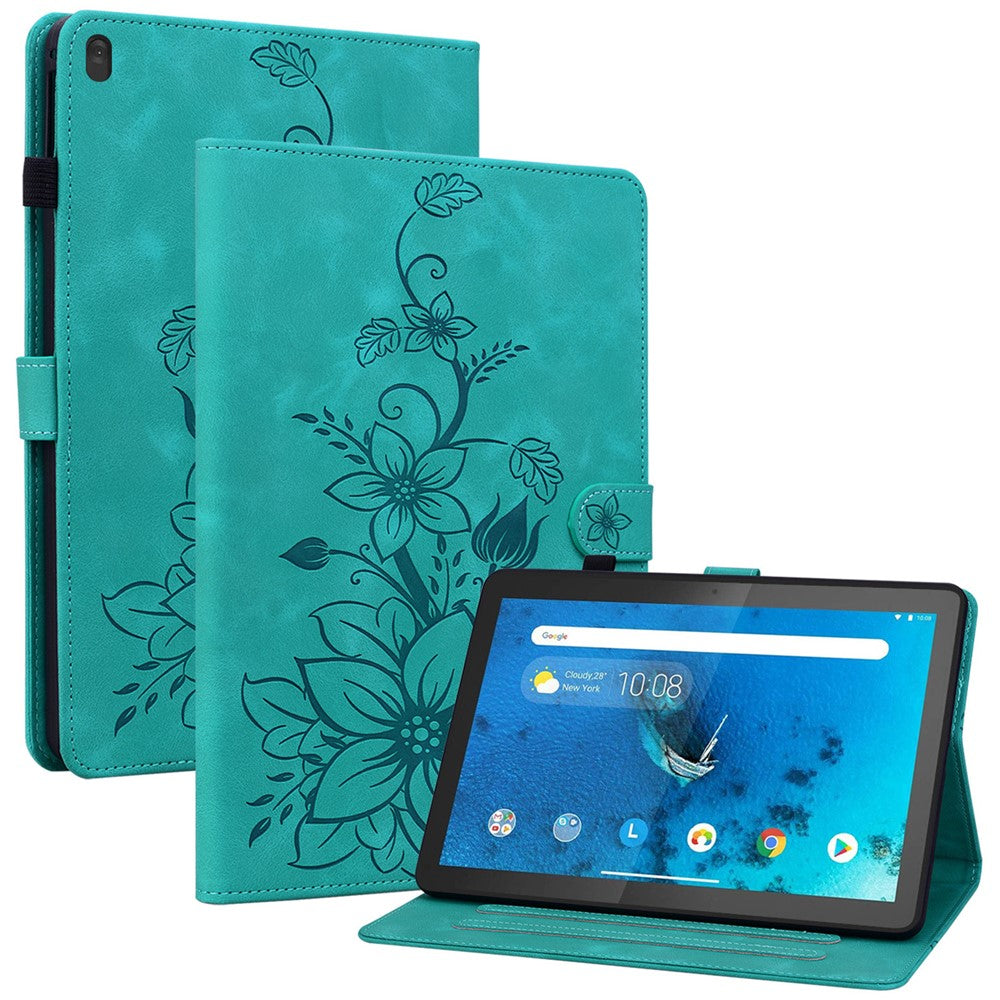 For Lenovo Tab M10 TB-X605F Tablet Case Leather Lily Flower Imprint Cover with Card Slots - Green