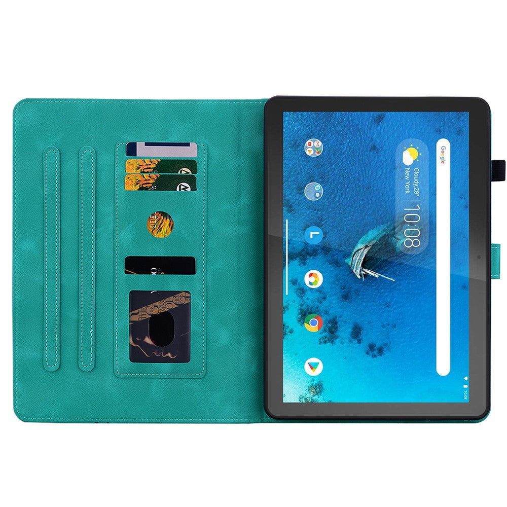 For Lenovo Tab M10 TB-X605F Tablet Case Leather Lily Flower Imprint Cover with Card Slots - Green