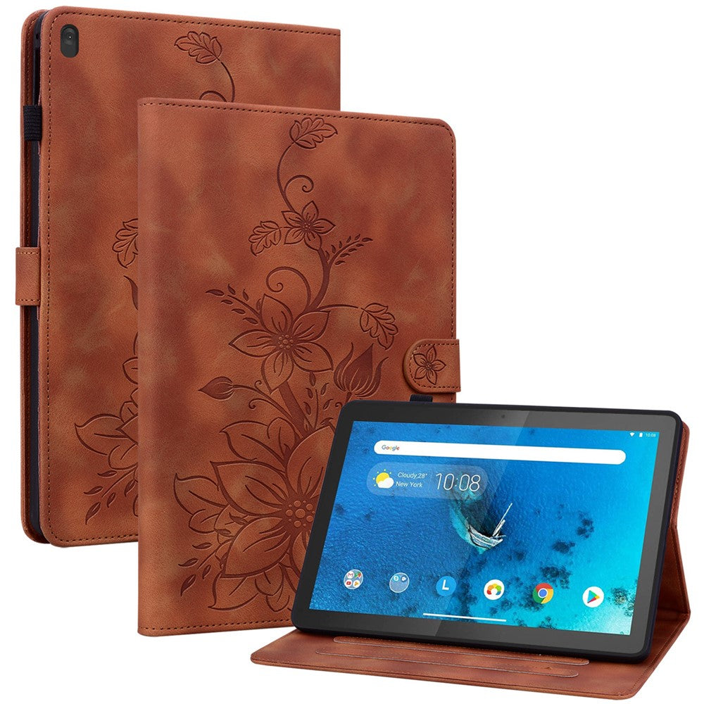 For Lenovo Tab M10 TB-X605F Tablet Case Leather Lily Flower Imprint Cover with Card Slots - Brown