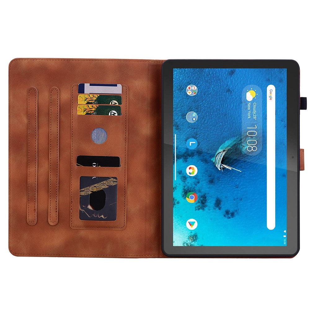 For Lenovo Tab M10 TB-X605F Tablet Case Leather Lily Flower Imprint Cover with Card Slots - Brown