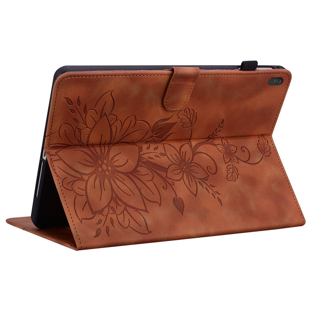 For Lenovo Tab M10 TB-X605F Tablet Case Leather Lily Flower Imprint Cover with Card Slots - Brown