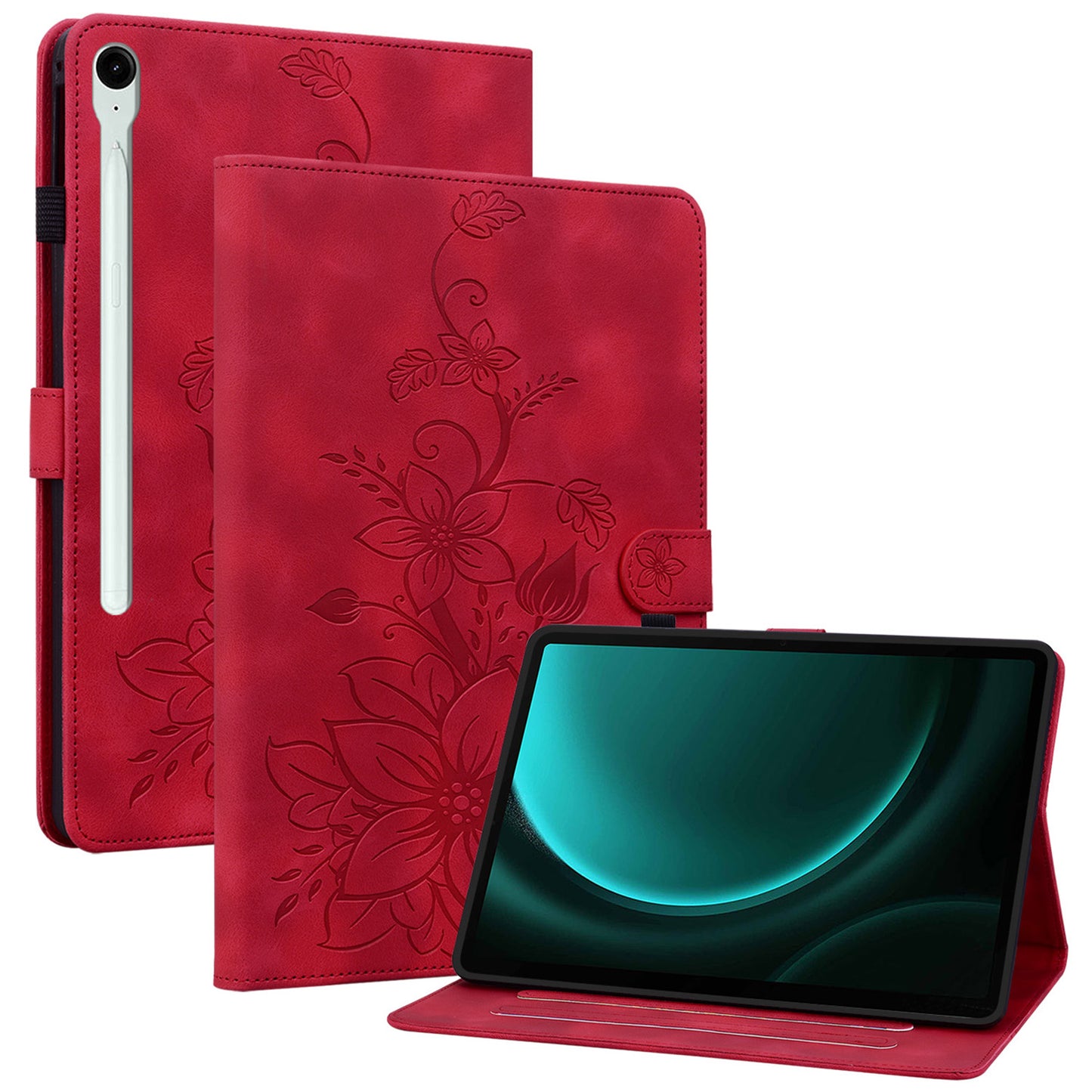 For Samsung Galaxy Tab S9 FE Leather Case Lily Flower Pattern Stand Protective Tablet Cover - Red