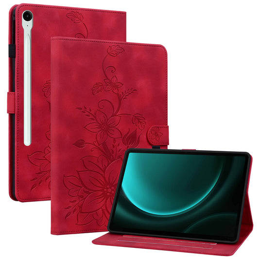 For Samsung Galaxy Tab S9 FE Leather Case Lily Flower Pattern Stand Protective Tablet Cover - Red