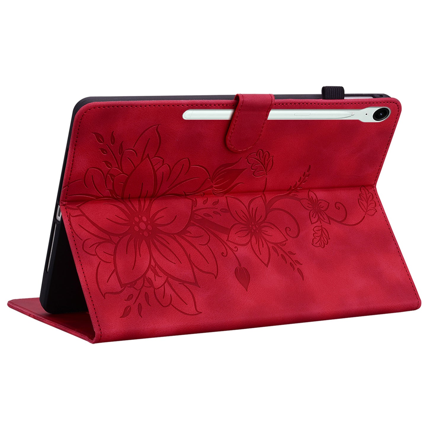 For Samsung Galaxy Tab S9 FE Leather Case Lily Flower Pattern Stand Protective Tablet Cover - Red