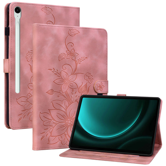 For Samsung Galaxy Tab S9 FE Leather Case Lily Flower Pattern Stand Protective Tablet Cover - Pink