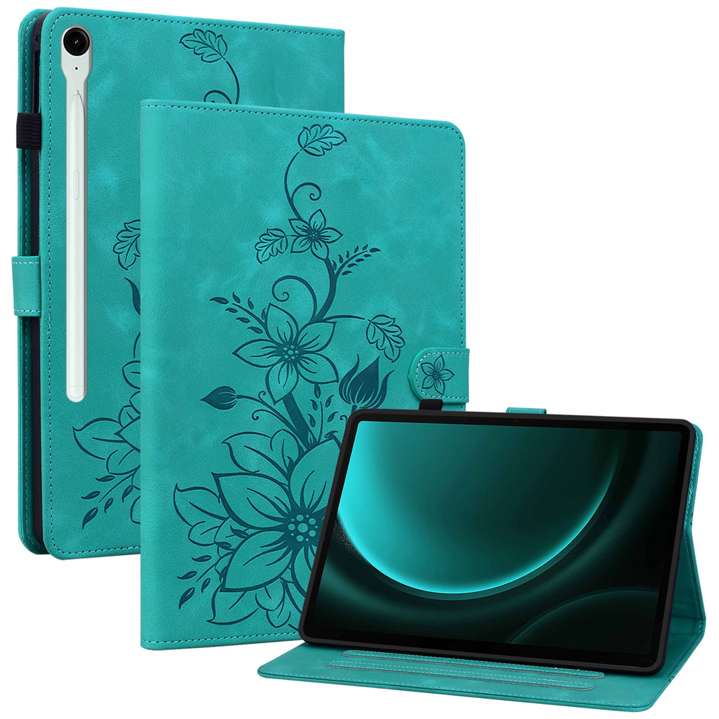 For Samsung Galaxy Tab S9 FE Leather Case Lily Flower Pattern Stand Protective Tablet Cover - Green