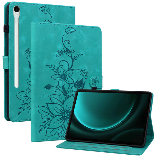 For Samsung Galaxy Tab S9 FE Leather Case Lily Flower Pattern Stand Protective Tablet Cover - Green