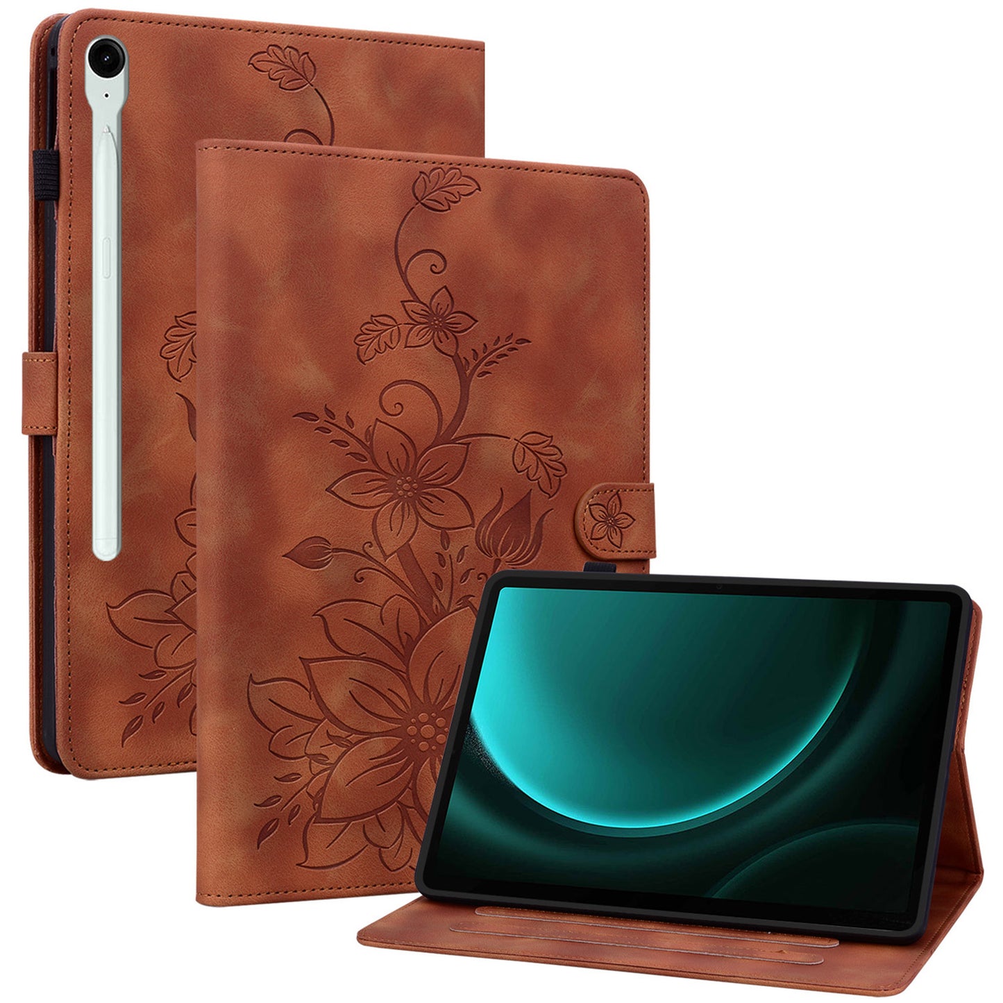 For Samsung Galaxy Tab S9 FE Leather Case Lily Flower Pattern Stand Protective Tablet Cover - Brown