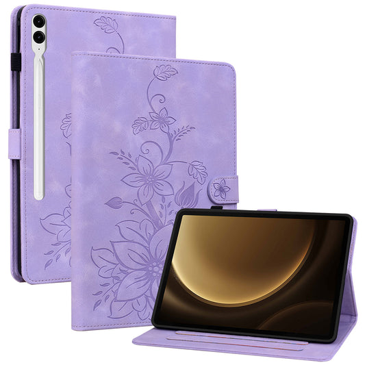 For Samsung Galaxy Tab S10+ / S9+ / S9 FE+ Card Slots Case Lily Flower Imprint PU Leather Tablet Cover - Purple