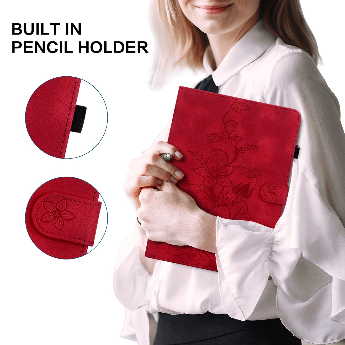 For Samsung Galaxy Tab S10+ / S9+ / S9 FE+ Card Slots Case Lily Flower Imprint PU Leather Tablet Cover - Red