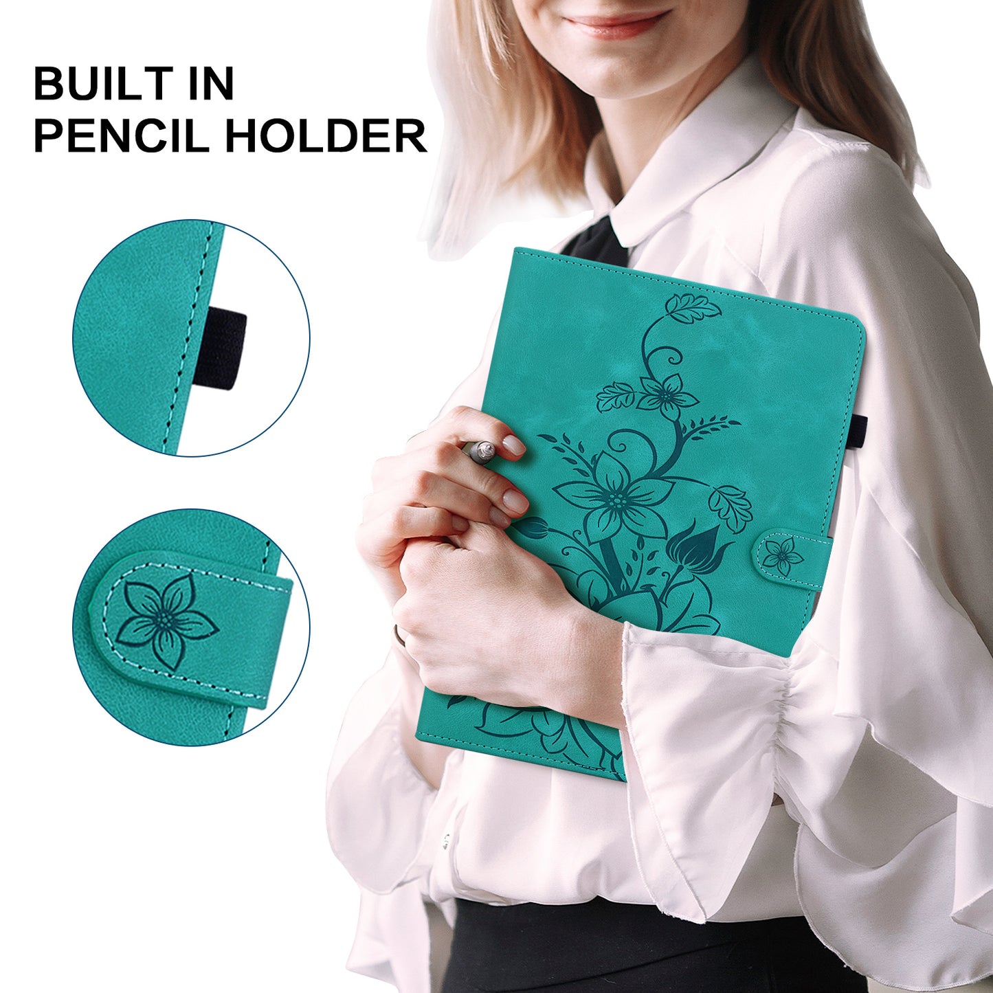 For Samsung Galaxy Tab S10+ / S9+ / S9 FE+ Card Slots Case Lily Flower Imprint PU Leather Tablet Cover - Green