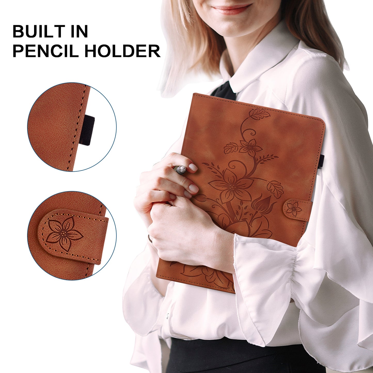For Samsung Galaxy Tab S10+ / S9+ / S9 FE+ Card Slots Case Lily Flower Imprint PU Leather Tablet Cover - Brown
