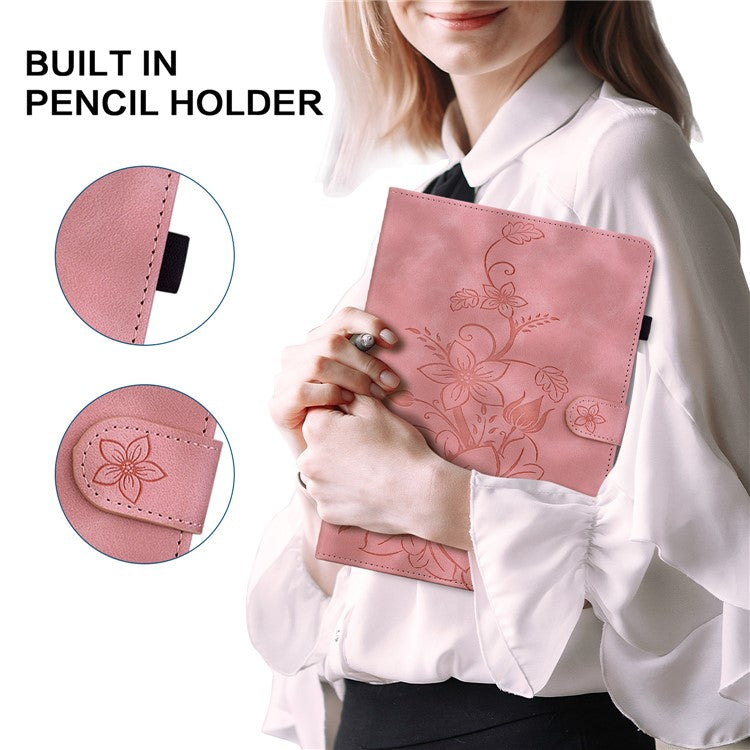For Samsung Galaxy Tab A9 Protective Case Lily Flower Imprint PU Leather Tablet Case with Card Slots - Pink